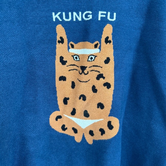 Kung Fu Cat Leopard Sweater Jacquard Knit Relaxed Fit Women's Size L - Picture 5 of 11